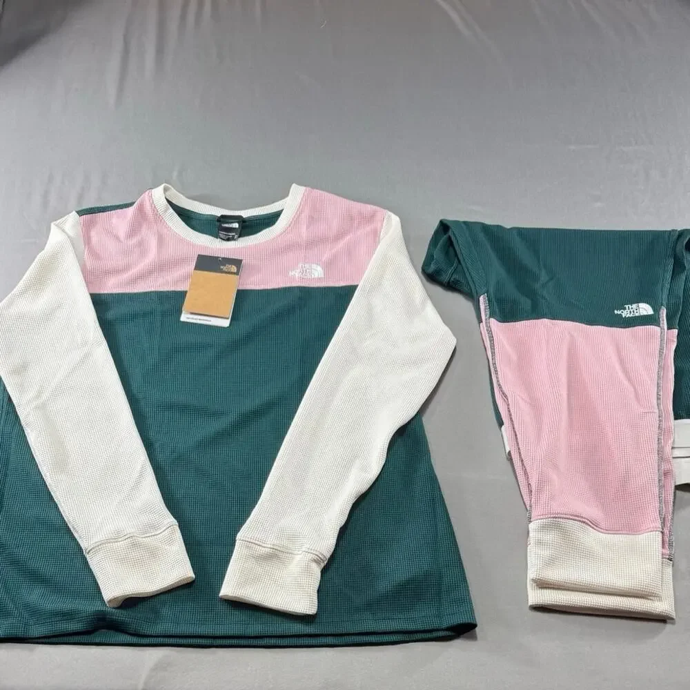 The North Face Waffle Base Layer Set XXL Pink Green Thermal Top Leggings NWT